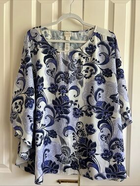 Chico's White & Navy Floral Flutter Sleeve Poncho Top